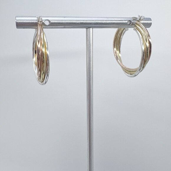 VTG Sterling Silver 925 Tri Tone Triple Hoop Earrings Hinged Post 1.25" Diameter - Picture 4 of 9